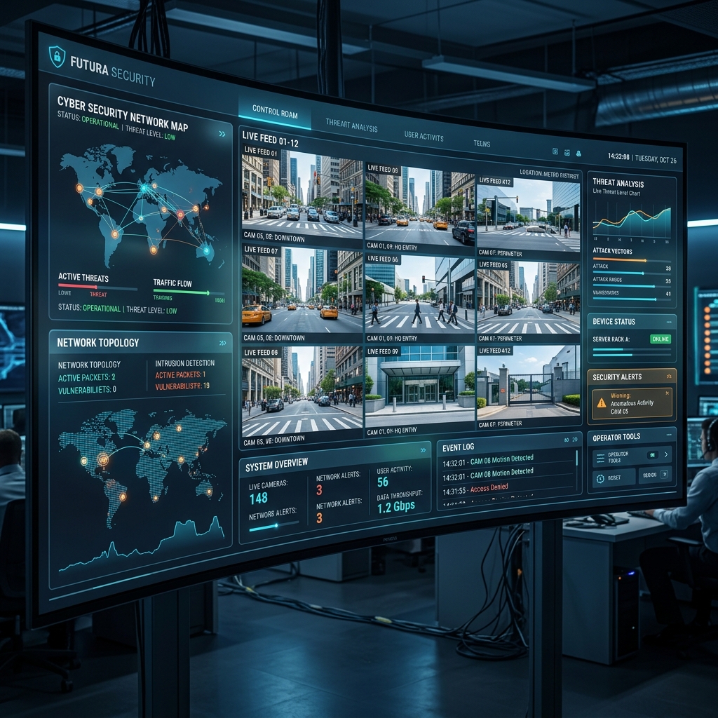 Umpan pemantauan CCTV teknologi tinggi menunjukkan grid fasilitas dan metrik dashboard keamanan